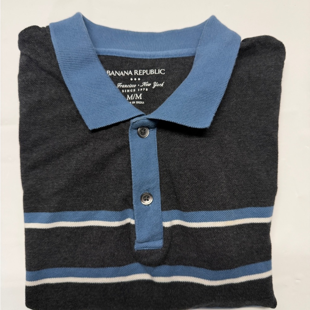 Banana Republic Men’s Charcoal Polo with Blue and White Stripes